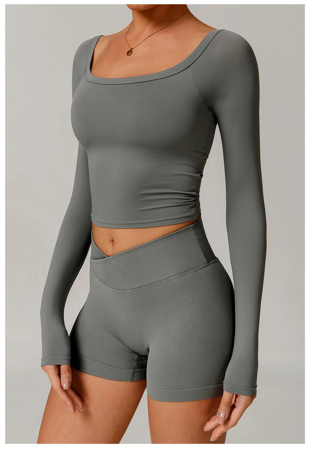 Xooie Fit stretchy long-sleeve workout shirt in gray fitted design for activewear