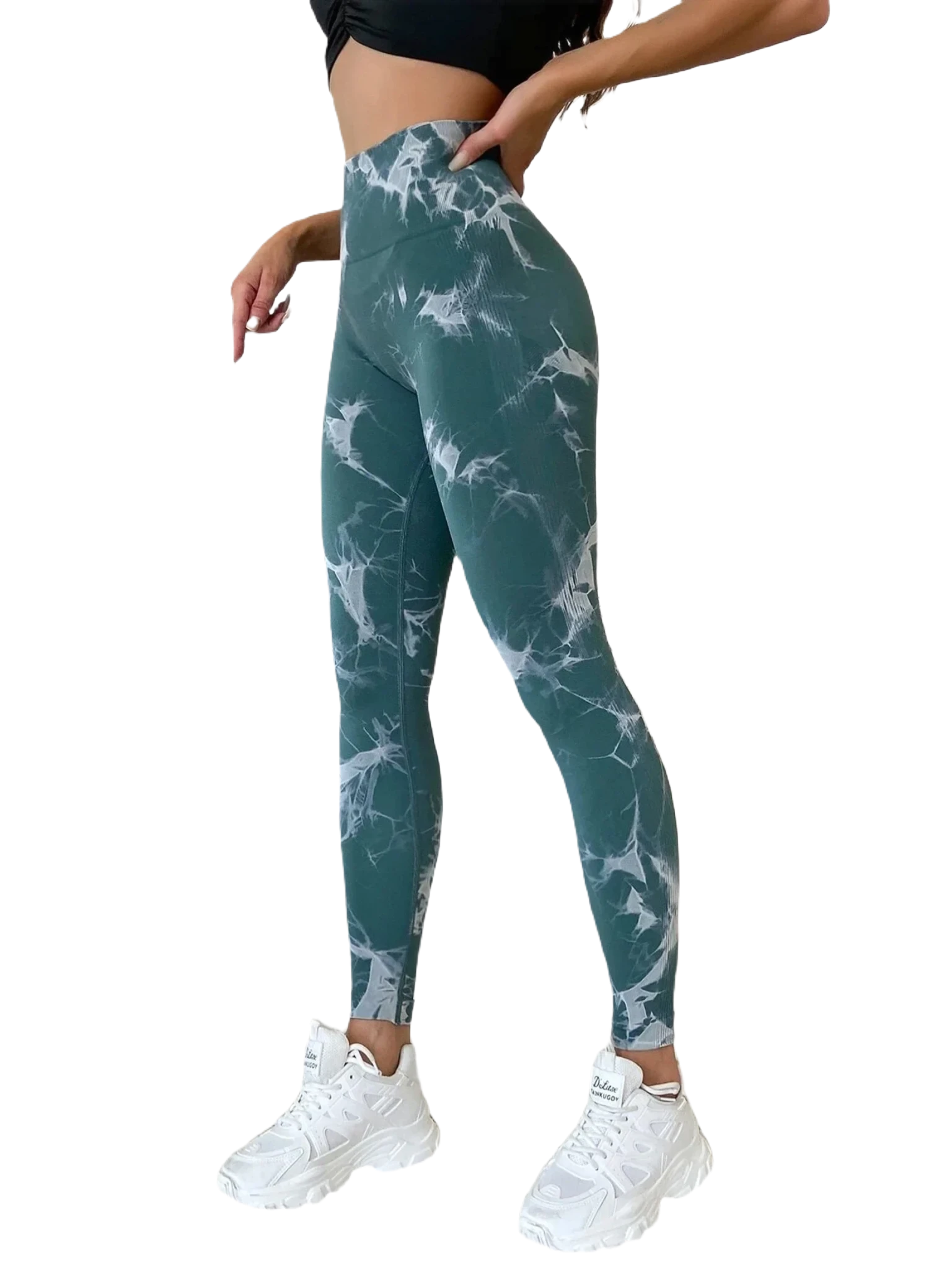Stylish yoga leggings women in dark green with marble print and high waist design