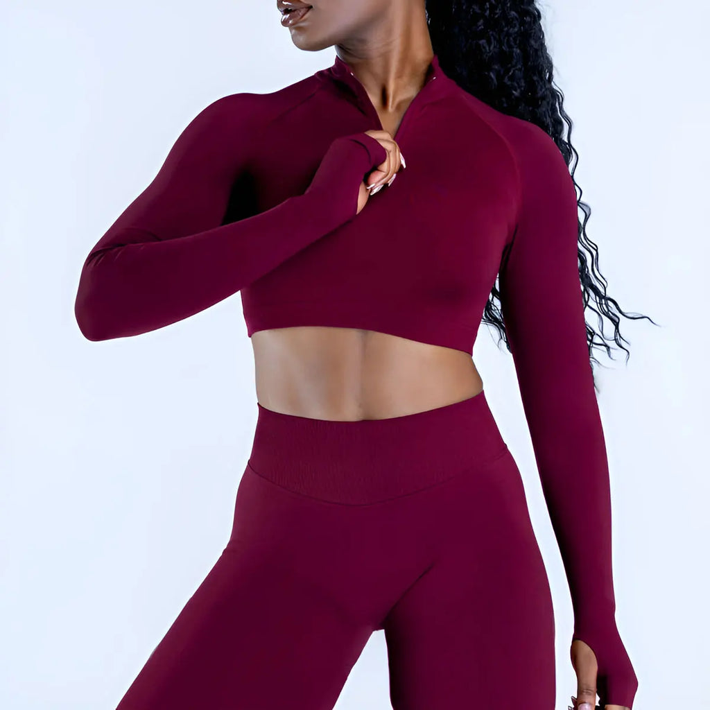 Xooie Fit women's zip crop top long sleeve in deep burgundy, perfect for workouts and casual wear