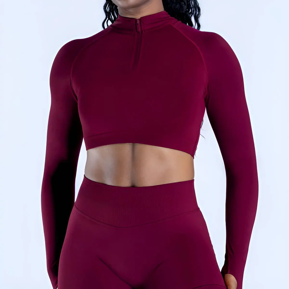 Xooie Fit women's zip crop top long sleeve in burgundy for a stylish workout look