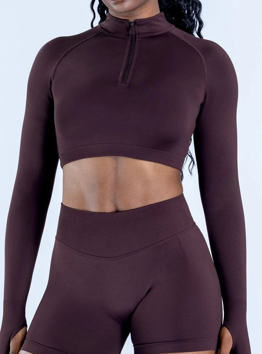 Xooie Fit women's zip crop top long sleeve in deep brown for stylish active wear