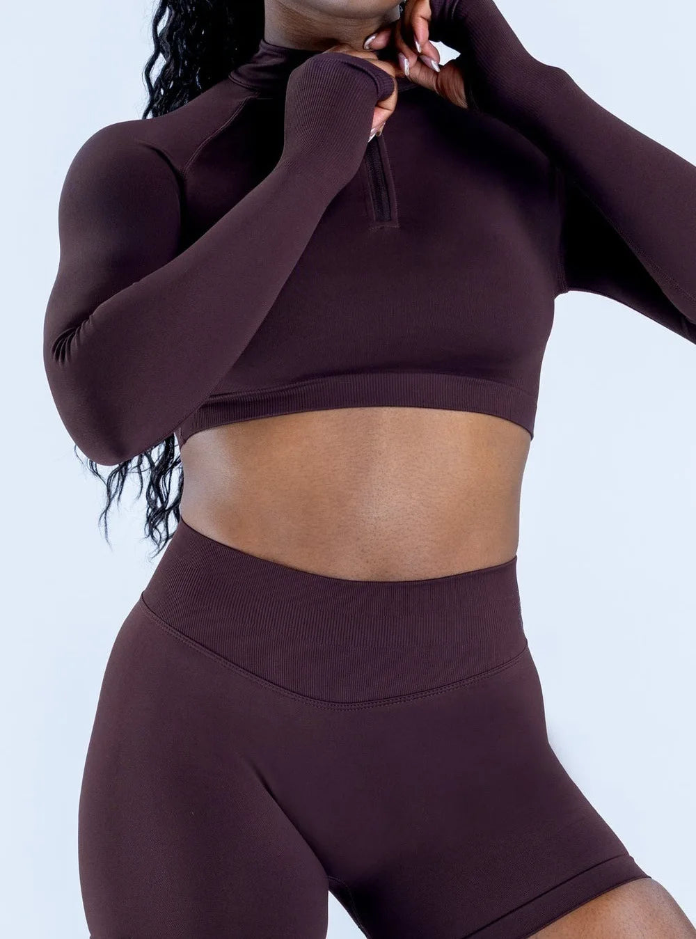 Xooie Fit women's zip crop top long sleeve in brown, perfect for activewear or casual outfits