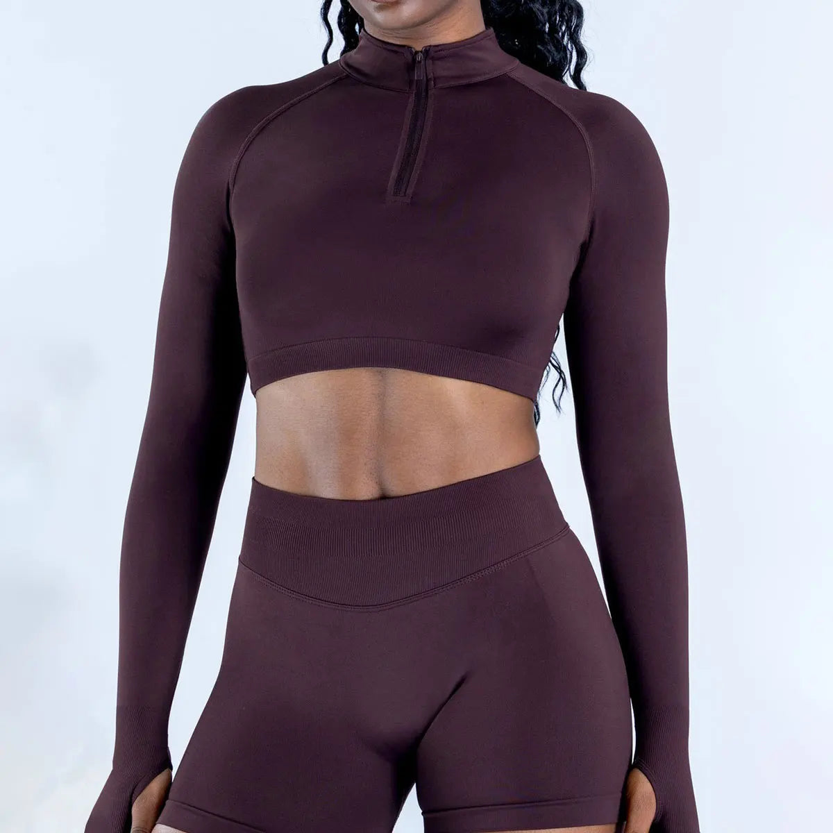 Xooie Fit women's zip crop top long sleeve in dark brown with slim fit design for active wear
