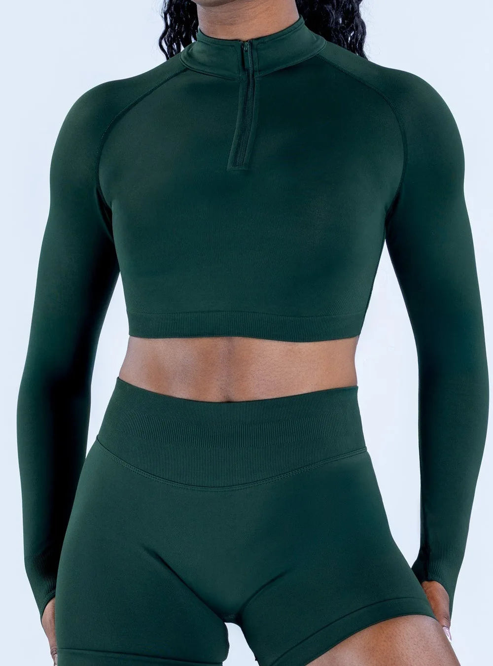 Xooie Fit women's zip crop top long sleeve in dark green for stylish workouts