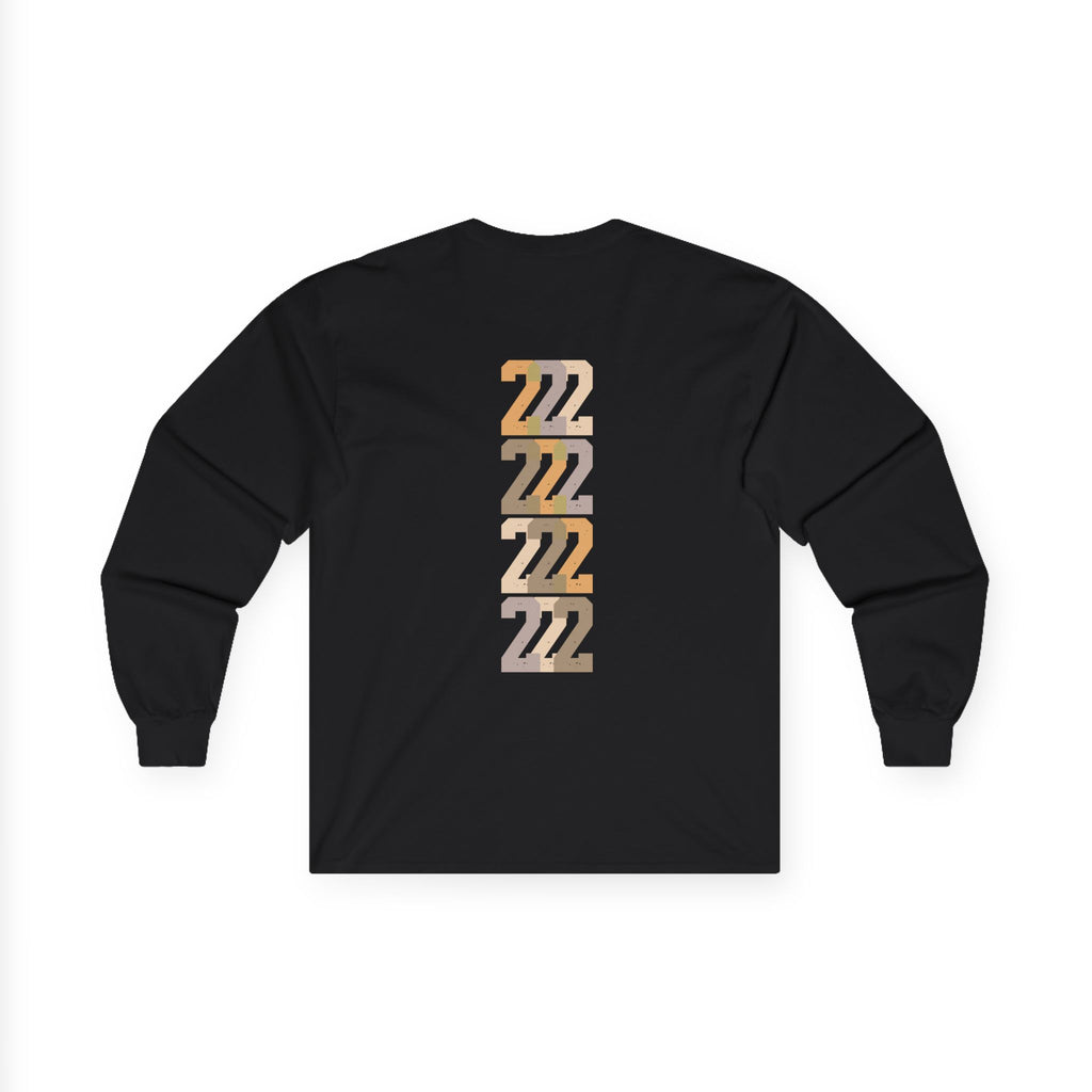 Black long-sleeve unisex tee, back stacked “22” graphic