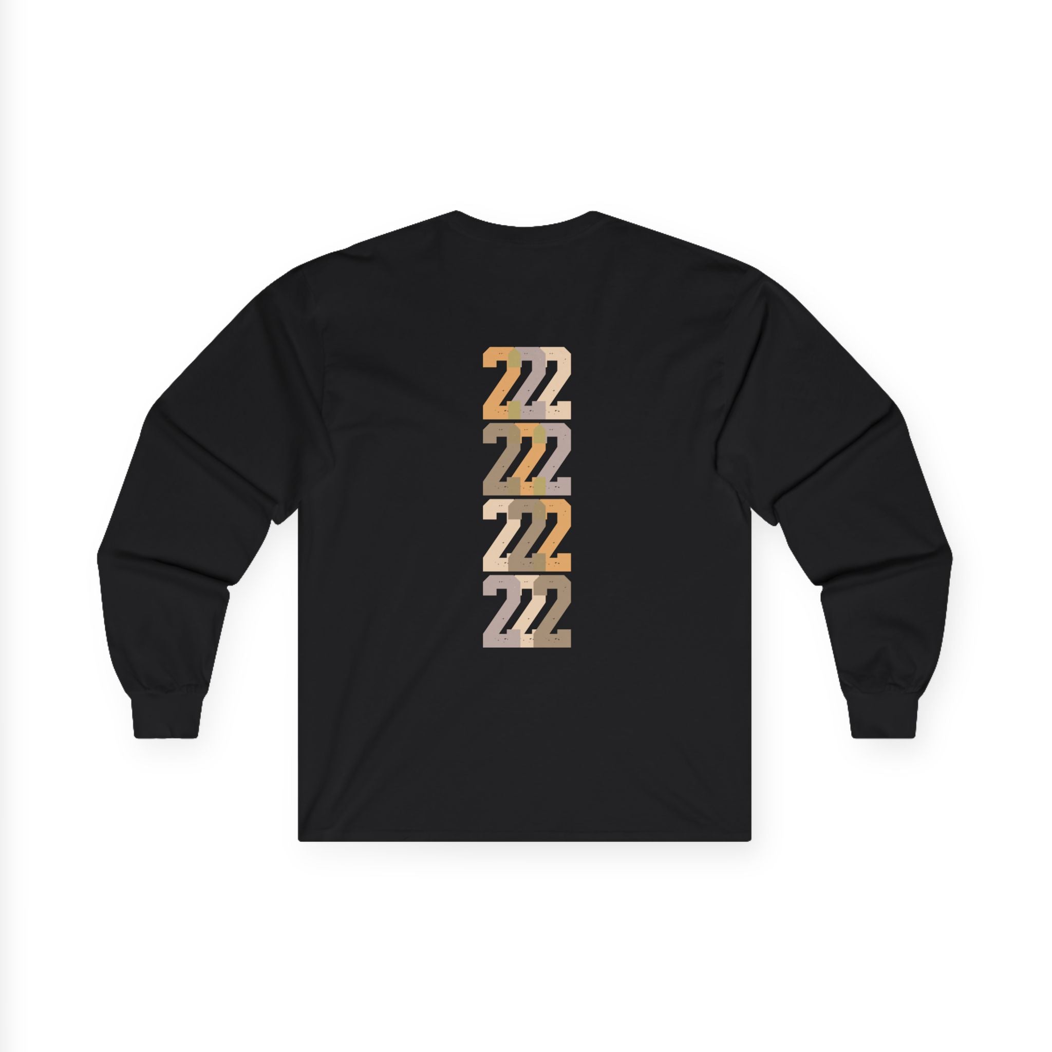 Black long-sleeve unisex tee, back stacked “22” graphic