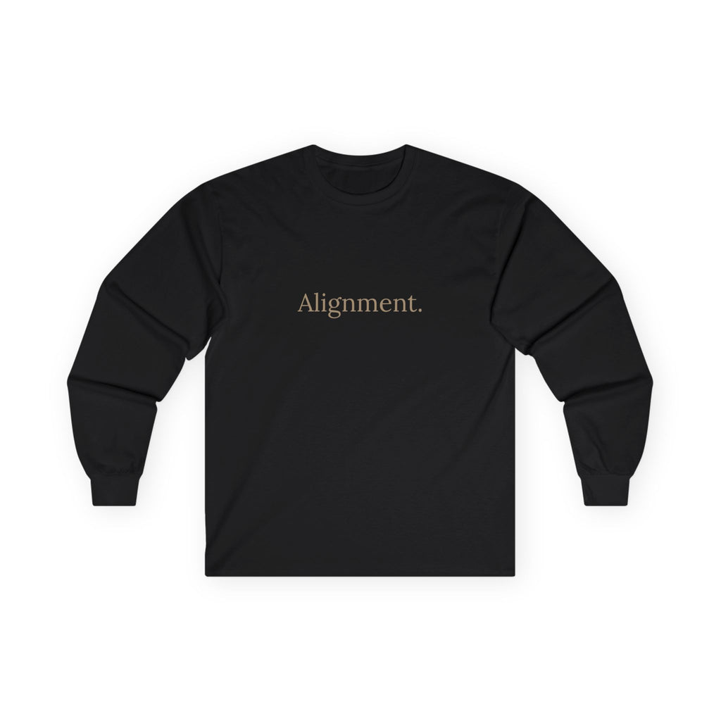 Black long-sleeve unisex tee, front “Alignment.” graphic