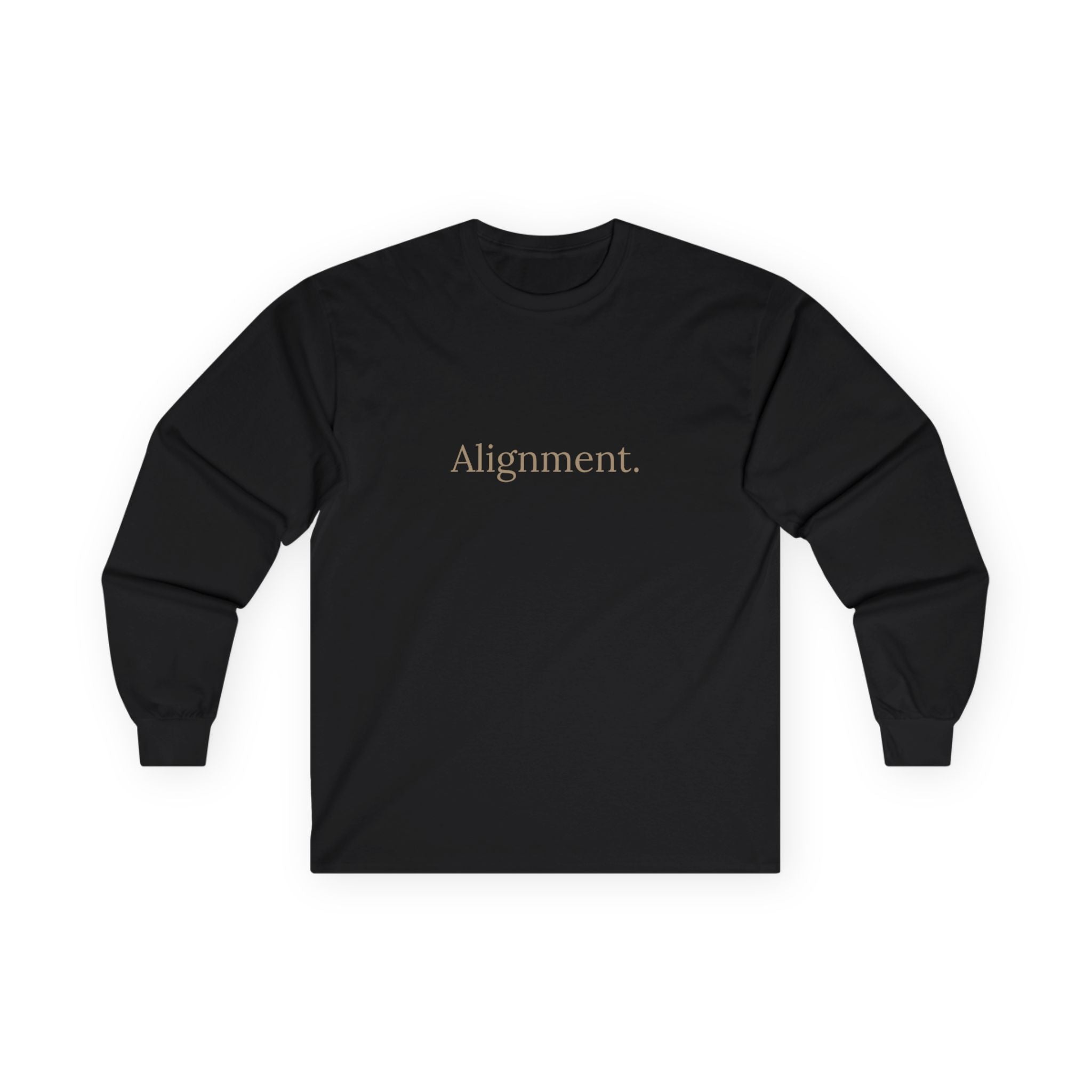 Black long-sleeve unisex tee, front “Alignment.” graphic