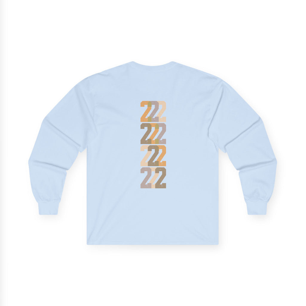 Light blue long-sleeve unisex tee, back stacked “22” graphic