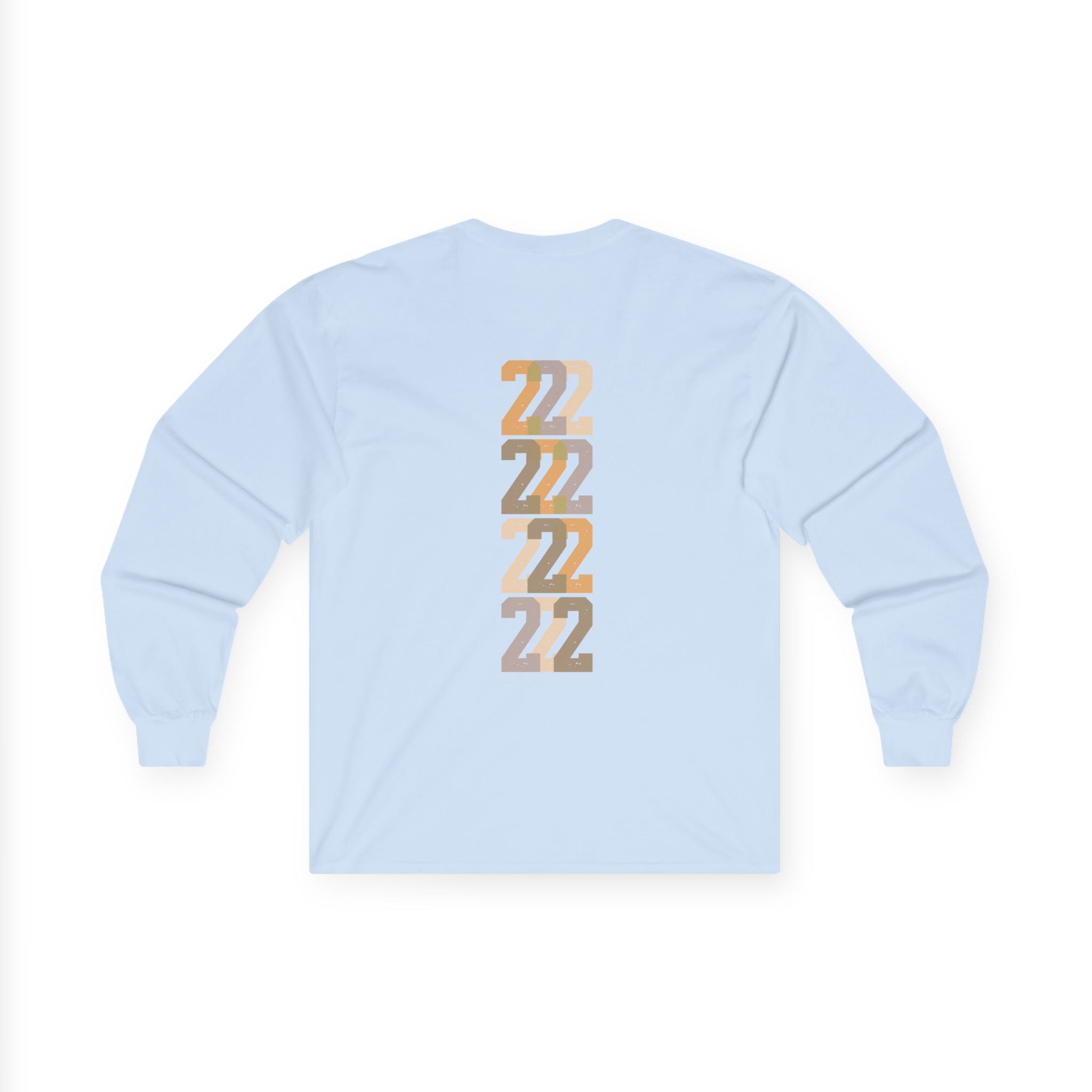 Light blue long-sleeve unisex tee, back stacked “22” graphic