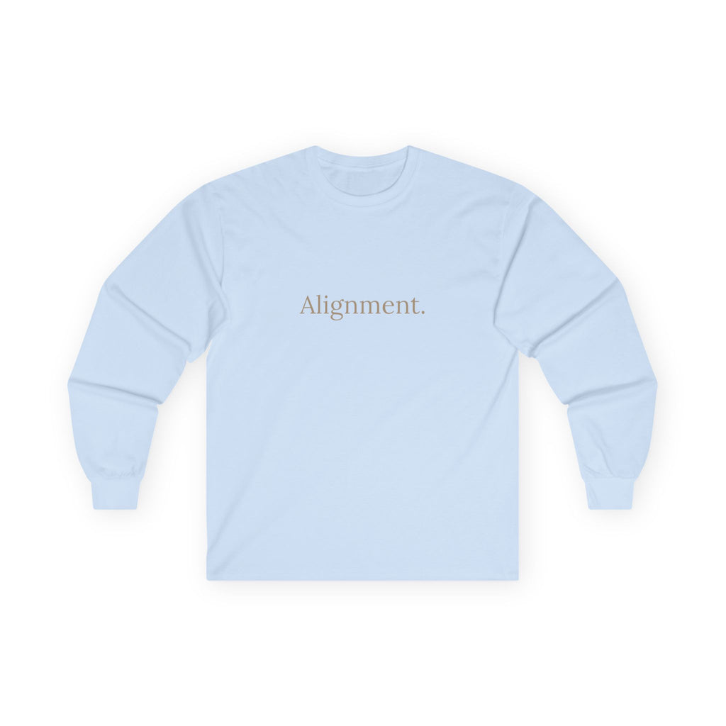 Light blue long-sleeve unisex tee, front “Alignment.” graphic