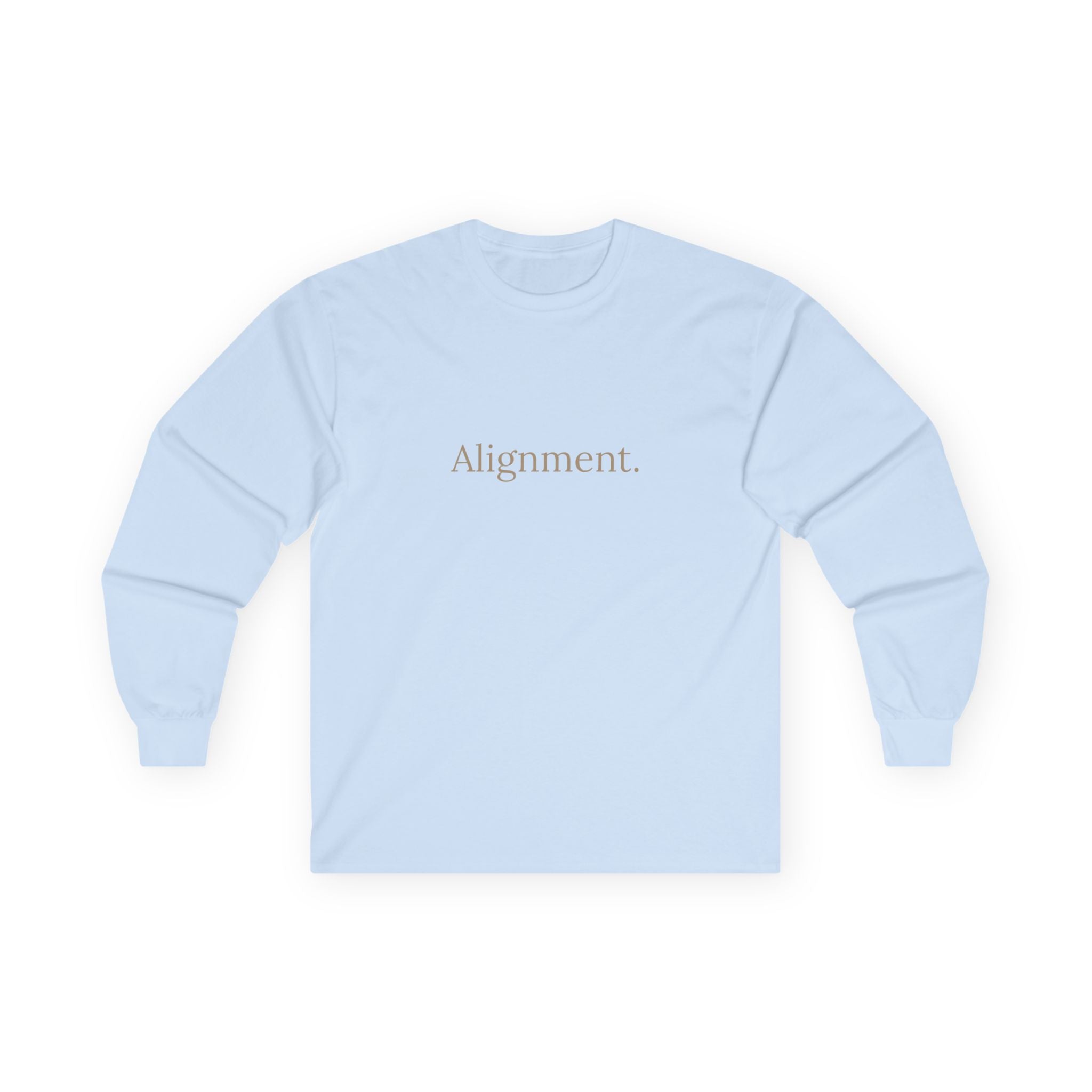 Light blue long-sleeve unisex tee, front “Alignment.” graphic