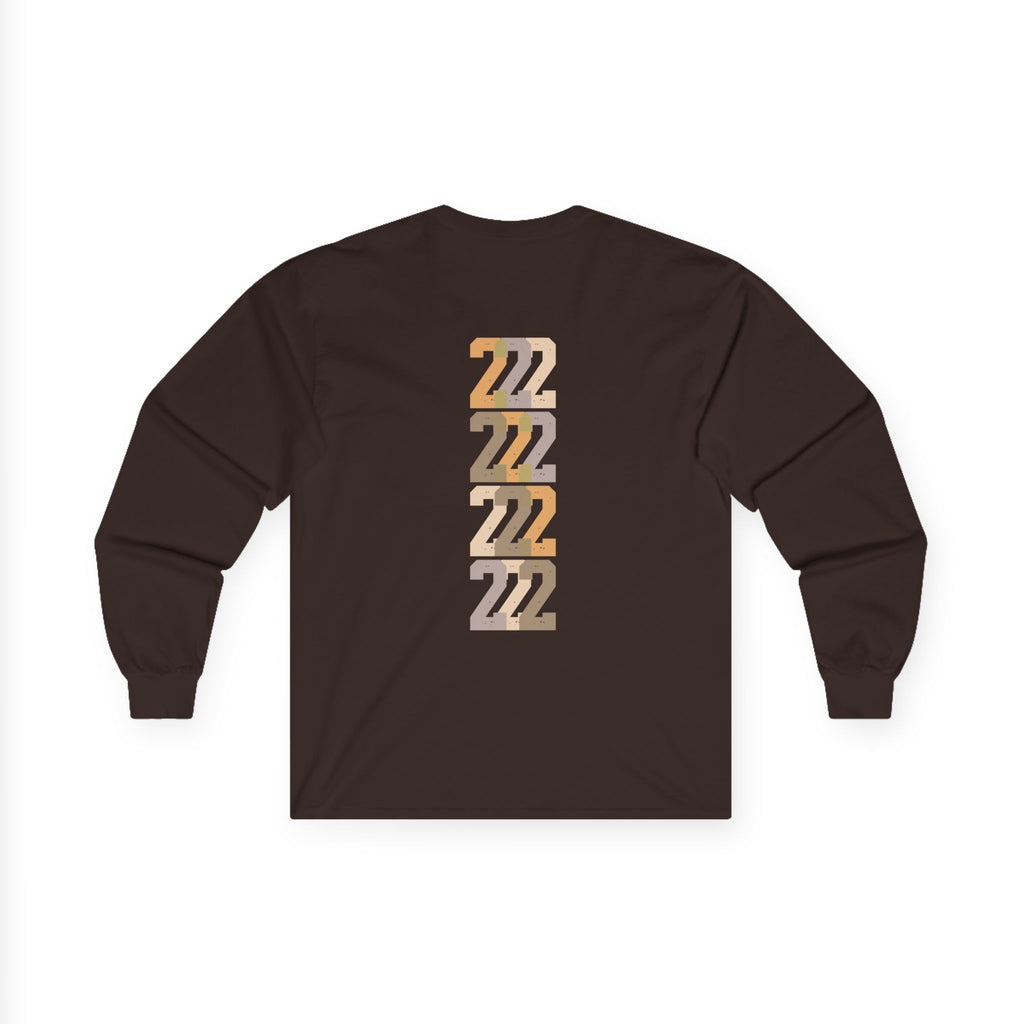 Dark chocolate long-sleeve unisex tee, back stacked “22” graphic