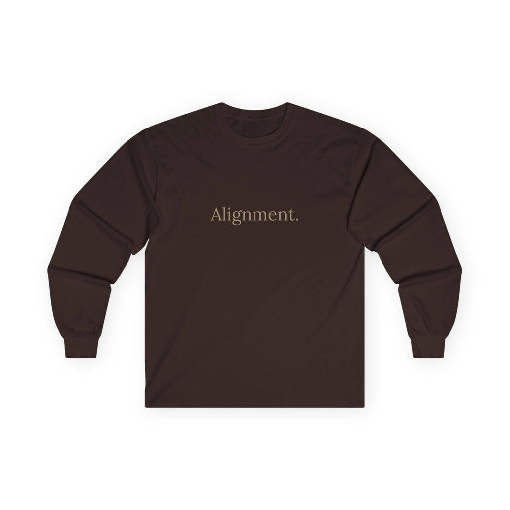 Dark chocolate long-sleeve unisex tee, front “Alignment.” graphic