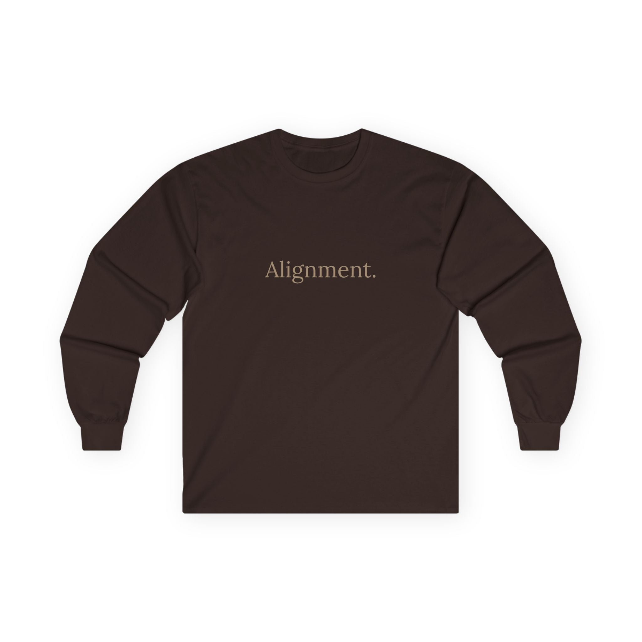 Dark chocolate long-sleeve unisex tee, front “Alignment.” graphic