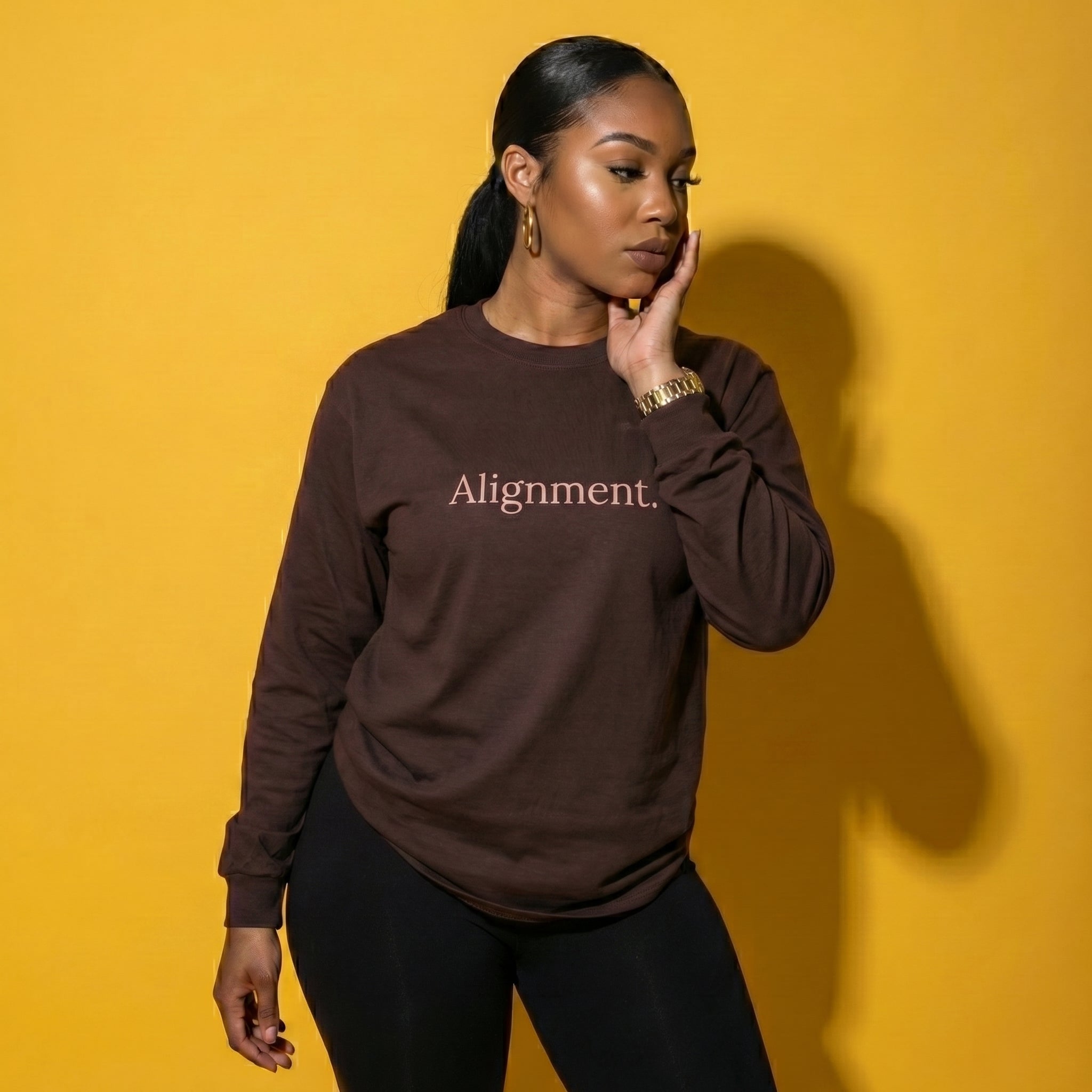 Maroon long-sleeve unisex tee with “Alignment” graphic on the front