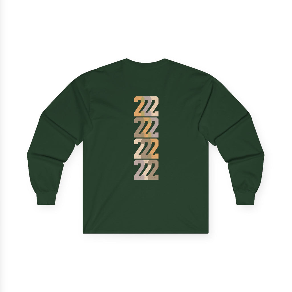 Jungle green long-sleeve unisex tee, back stacked “22” graphic