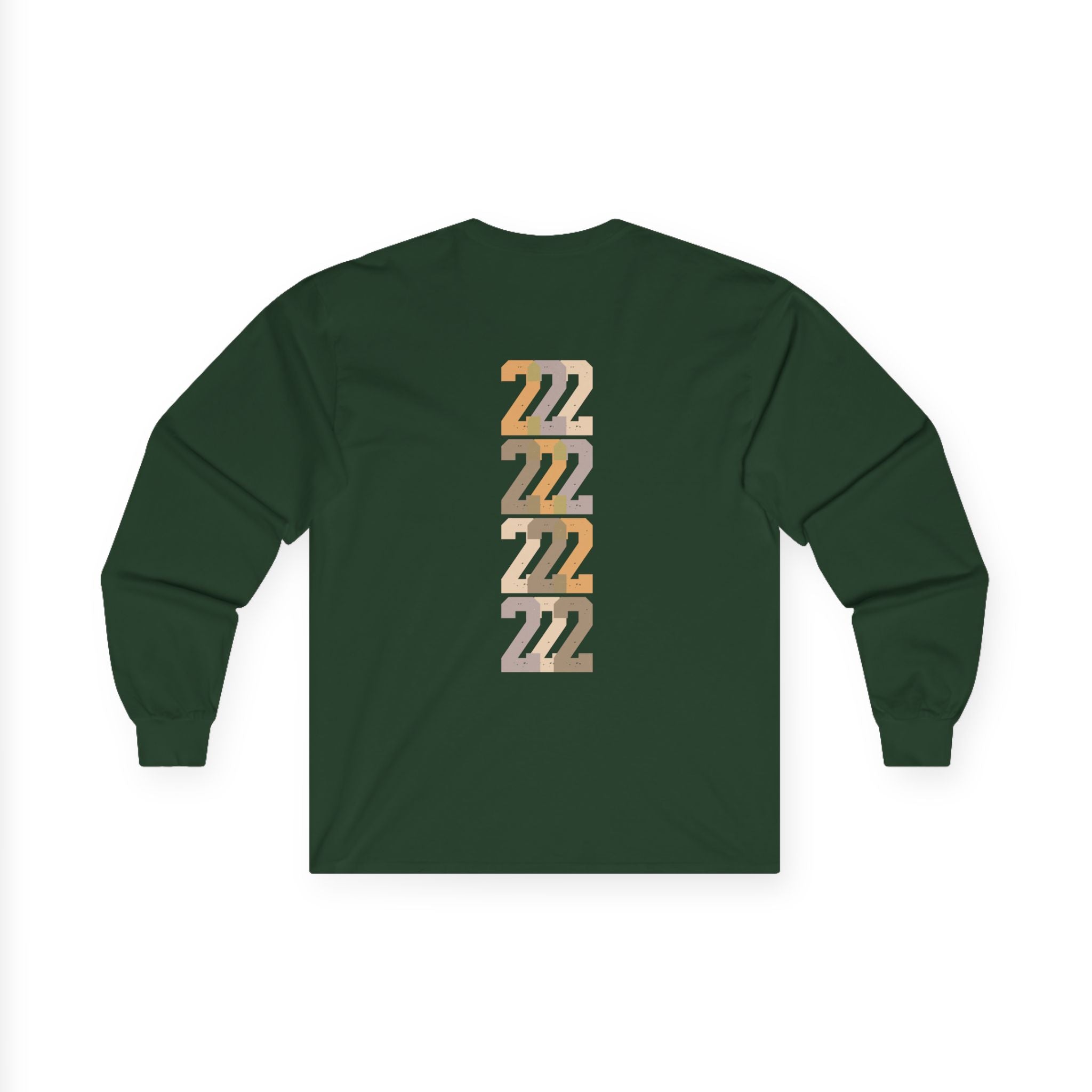 Jungle green long-sleeve unisex tee, back stacked “22” graphic