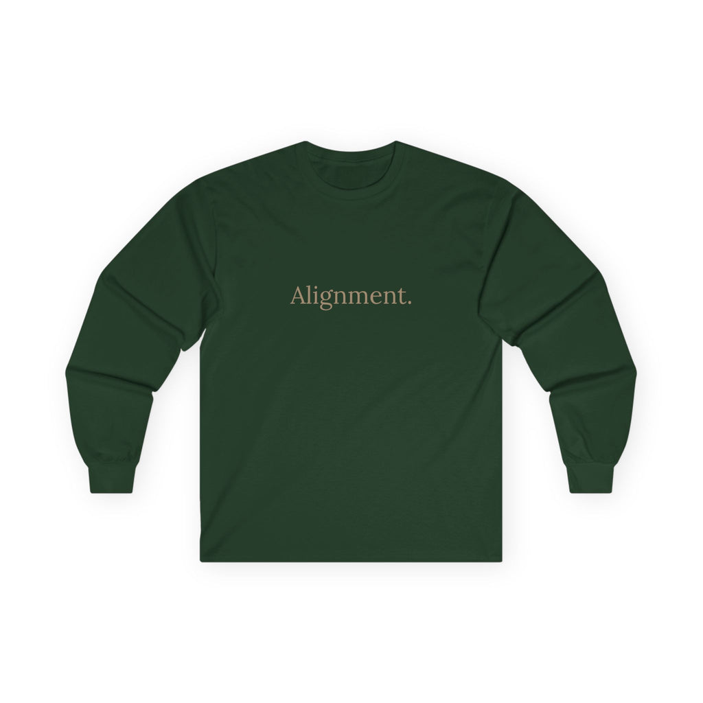 Jungle green long-sleeve unisex tee, front “Alignment.” graphic
