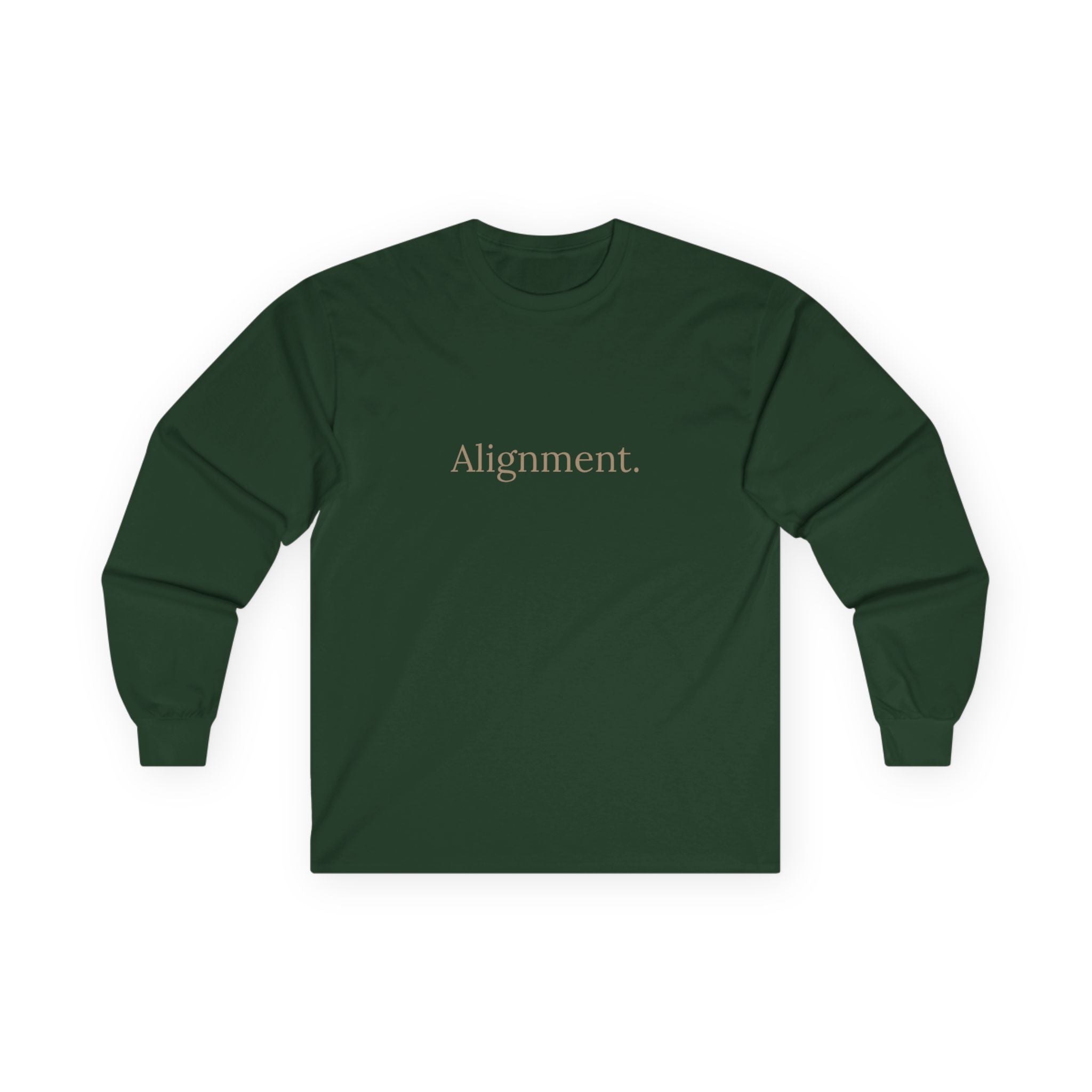 Jungle green long-sleeve unisex tee, front “Alignment.” graphic