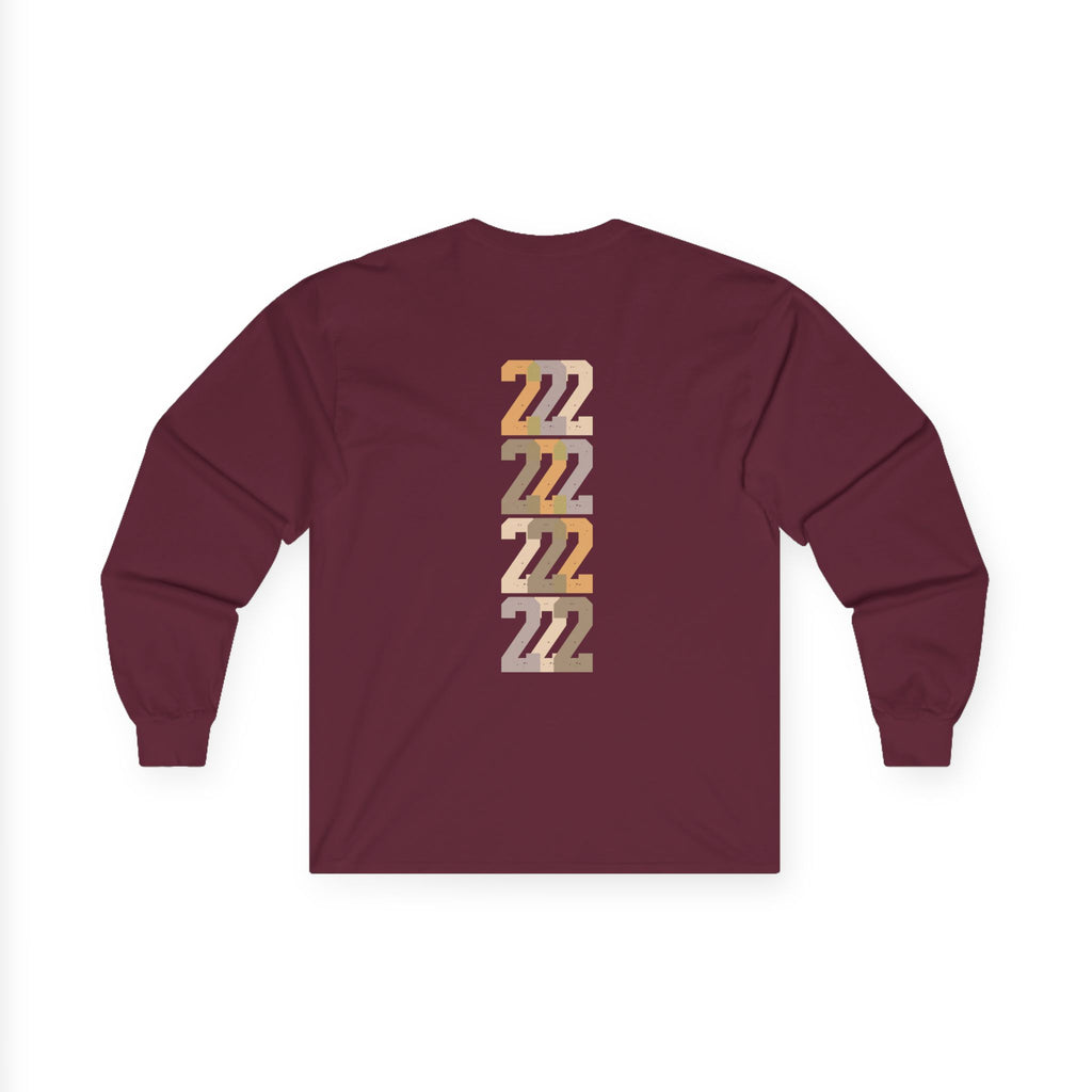 Maroon long-sleeve unisex tee, back stacked “22” graphic