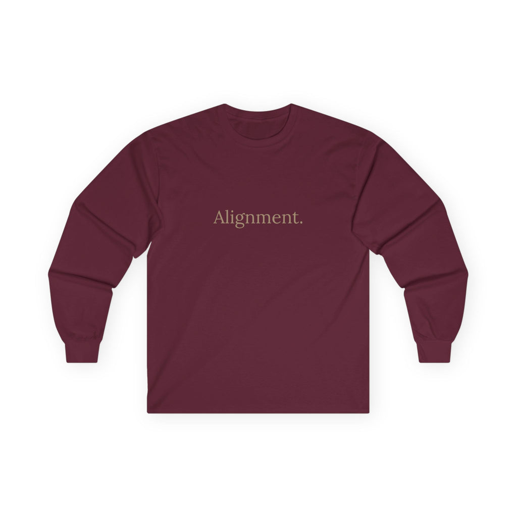 Maroon long-sleeve unisex tee, front “Alignment.” graphic