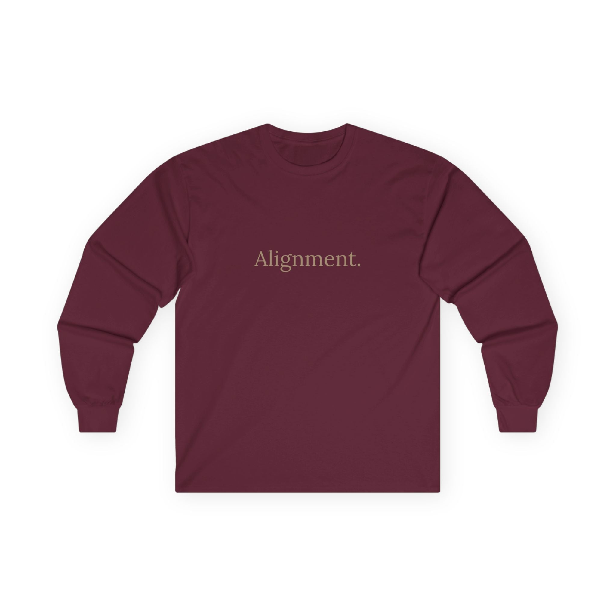 Maroon long-sleeve unisex tee, front “Alignment.” graphic