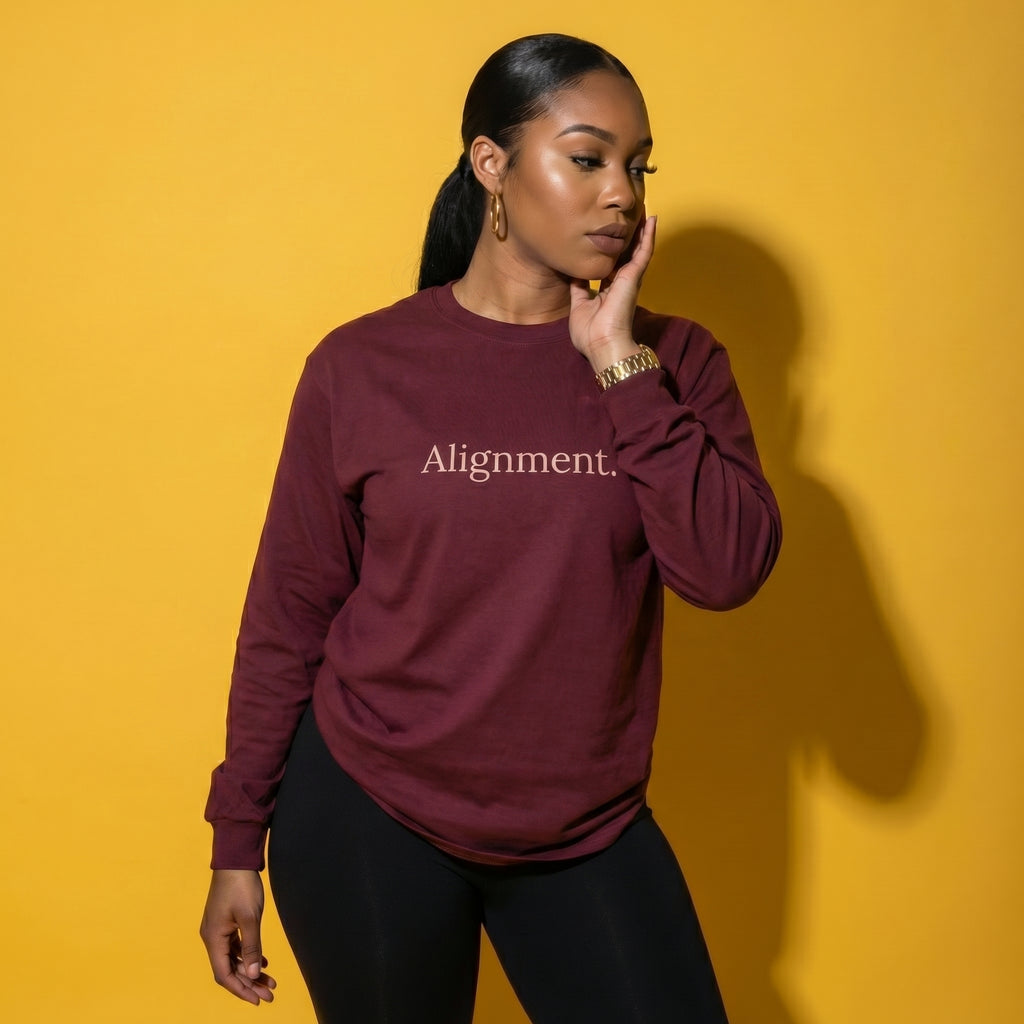 Maroon long-sleeve unisex tee, front view with “Alignment” text