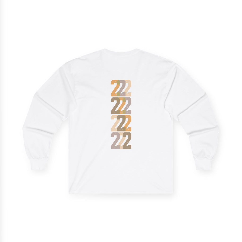 Flat lay: white long-sleeve unisex tee with stacked “22” graphic on the back