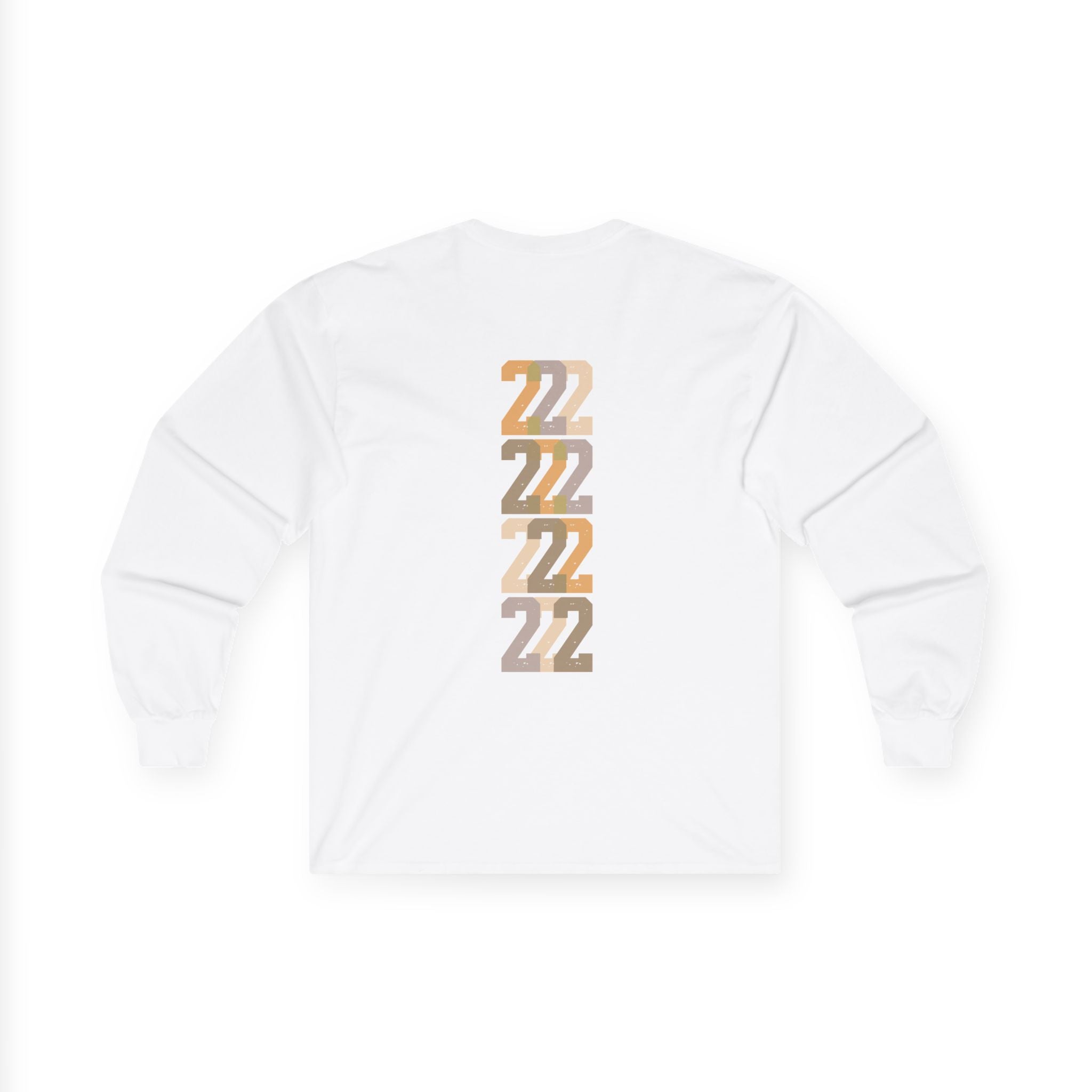Flat lay: white long-sleeve unisex tee with stacked “22” graphic on the back