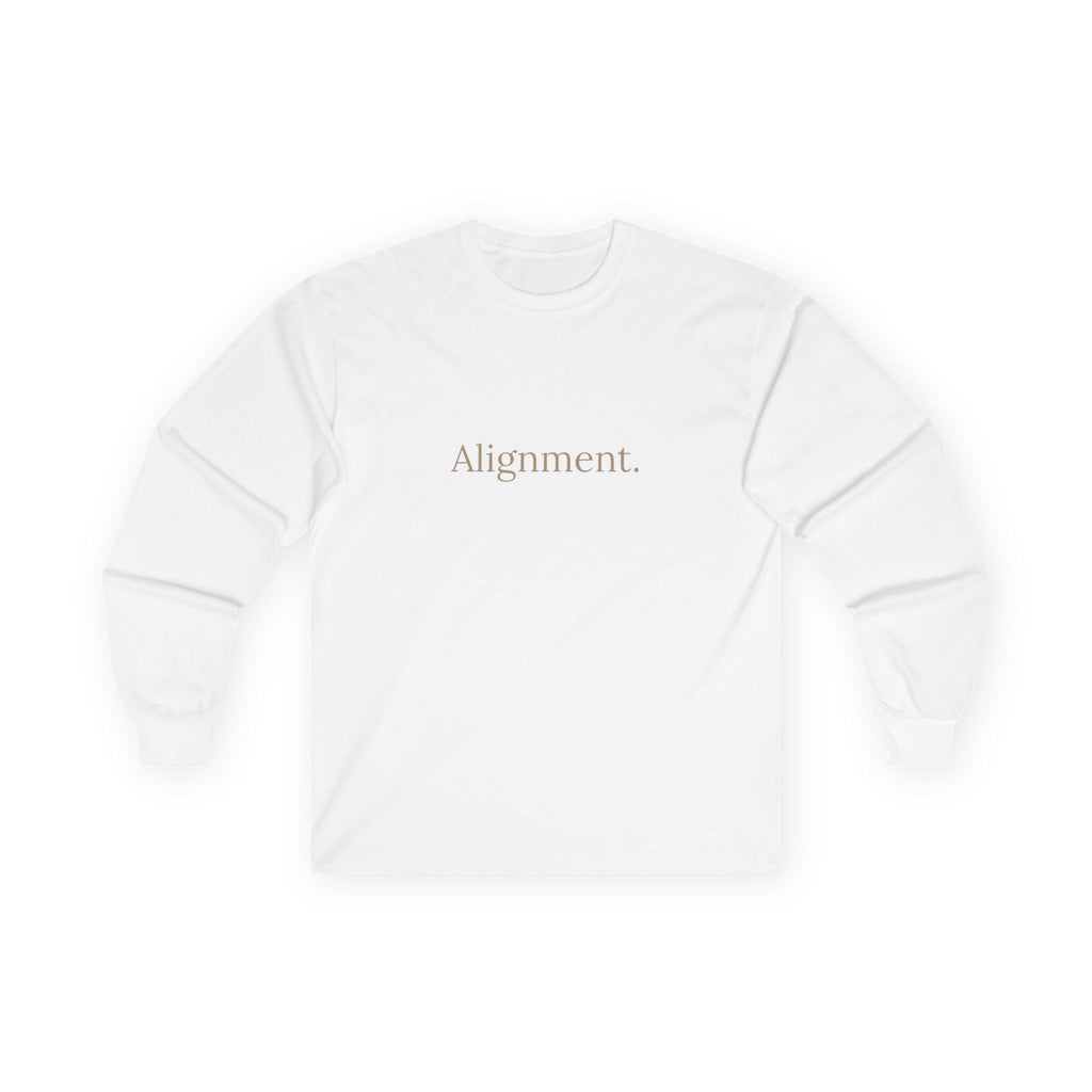 Flat lay: white long-sleeve unisex tee with “Alignment” graphic on the front