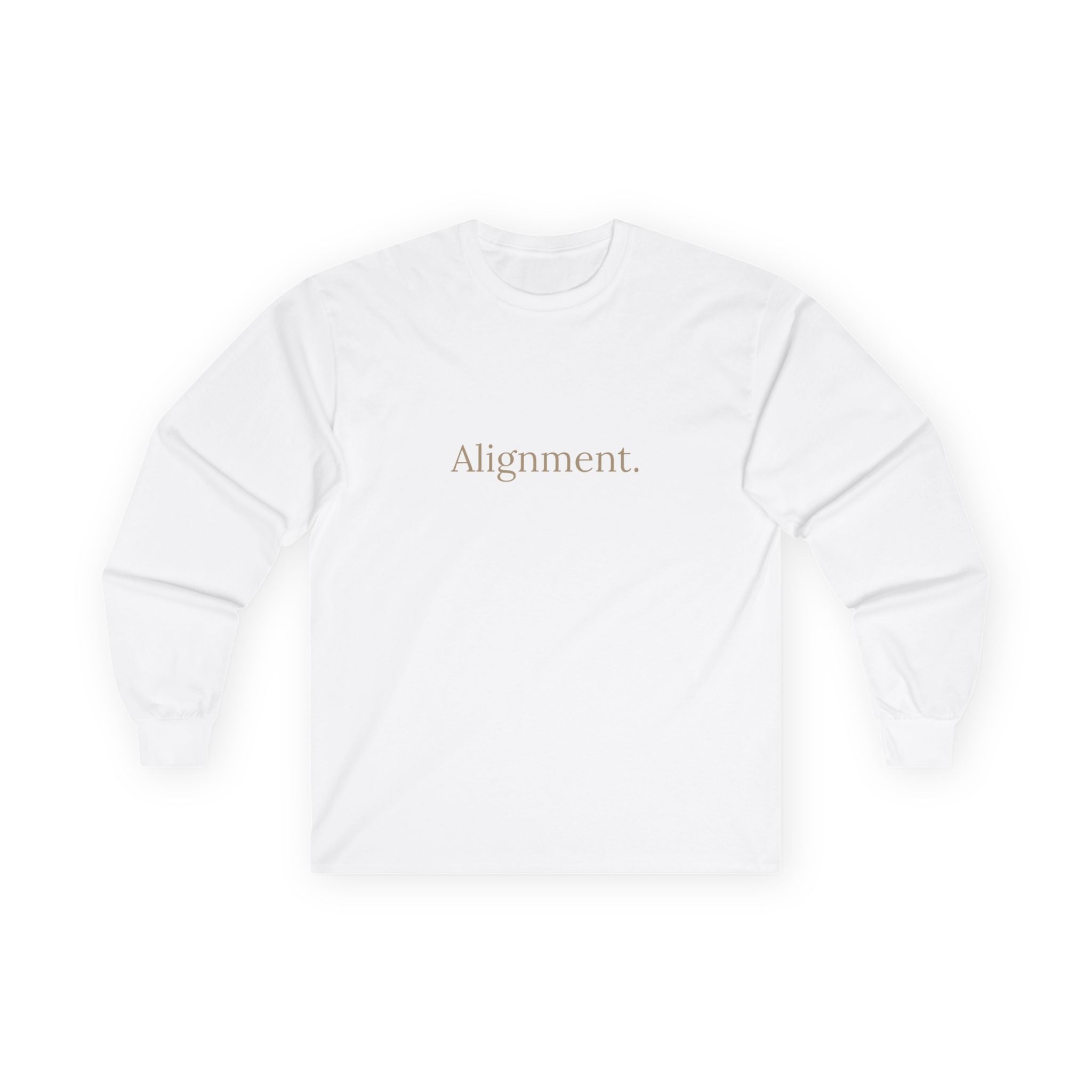 Flat lay: white long-sleeve unisex tee with “Alignment” graphic on the front
