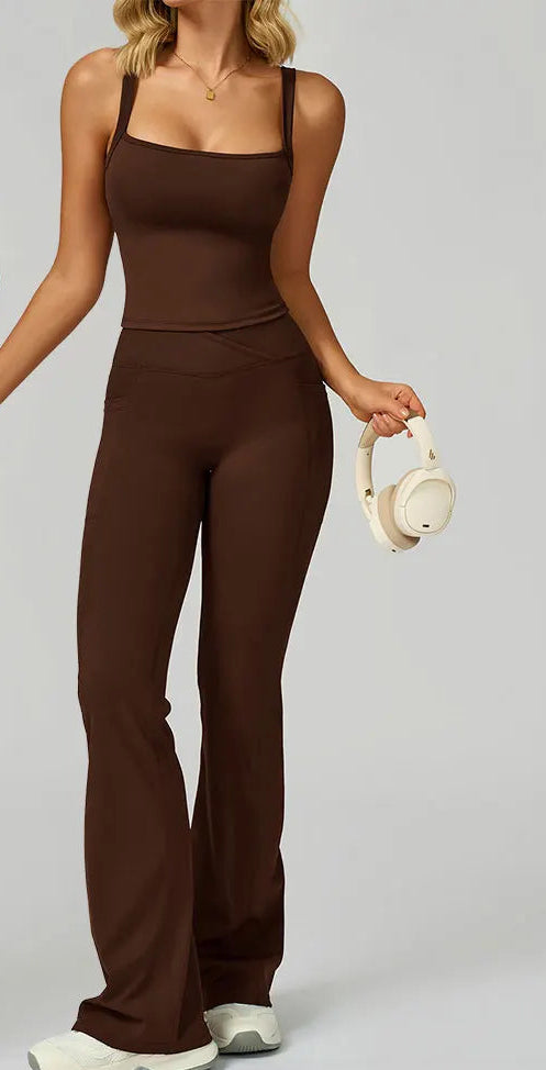 Hauncha brown spaghetti crop tank and flared pants set, side view
