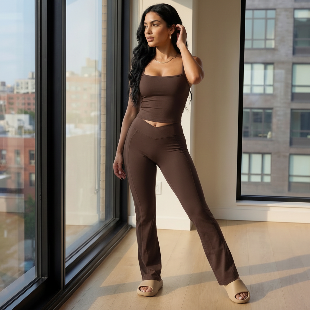 Xooie Fit tank top and flare pants set in brown for stylish and comfortable outfits