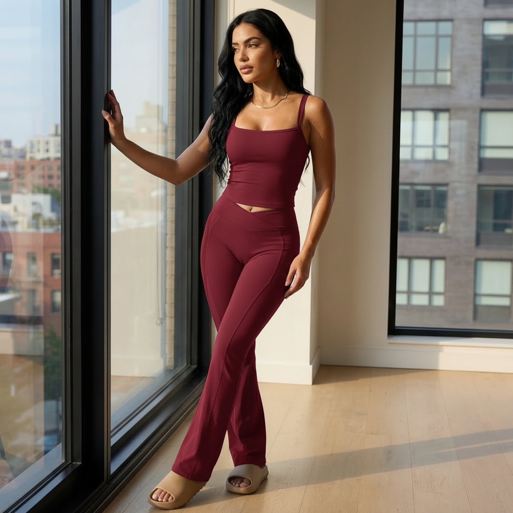 Xooie Fit Burgundy tank top and flare pants set for a stylish and comfortable look