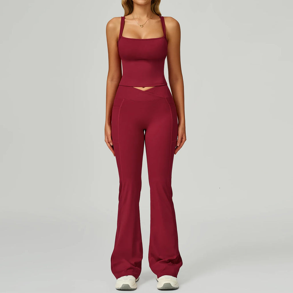 Wine red spaghetti-strap crop tank with flared flare-leg pants set