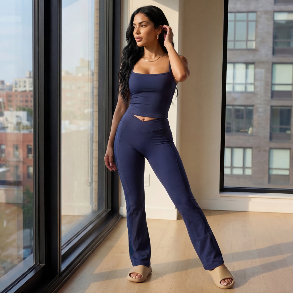 Navy blue matching active set: spaghetti crop tank with flared pants