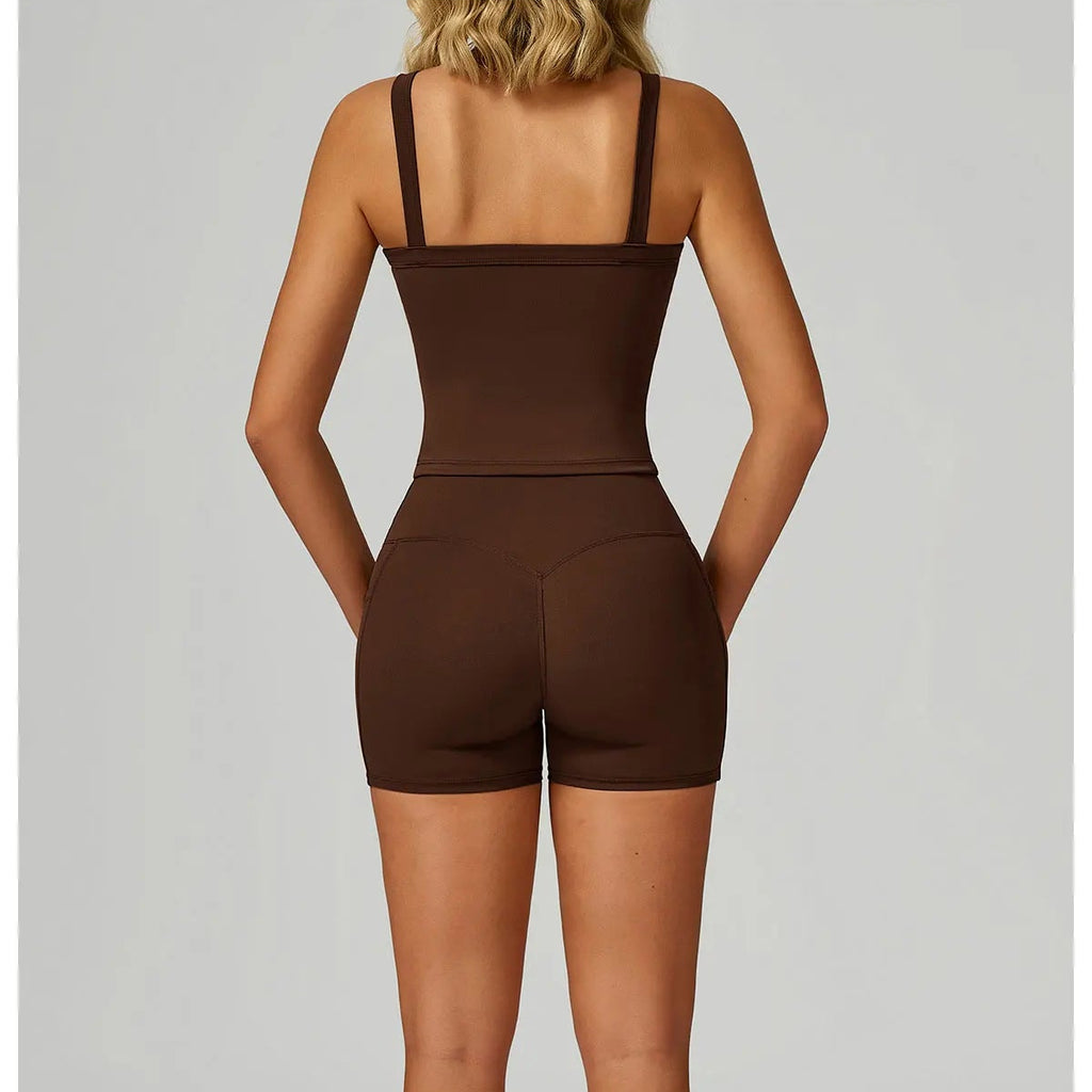 Brown Coffee set, back view: racerback tank with fitted high-rise shorts
