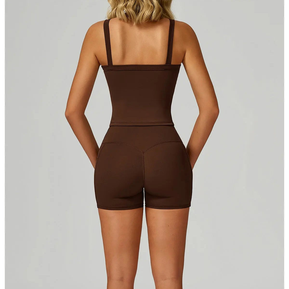 Brown Coffee set, back view: racerback tank with fitted high-rise shorts