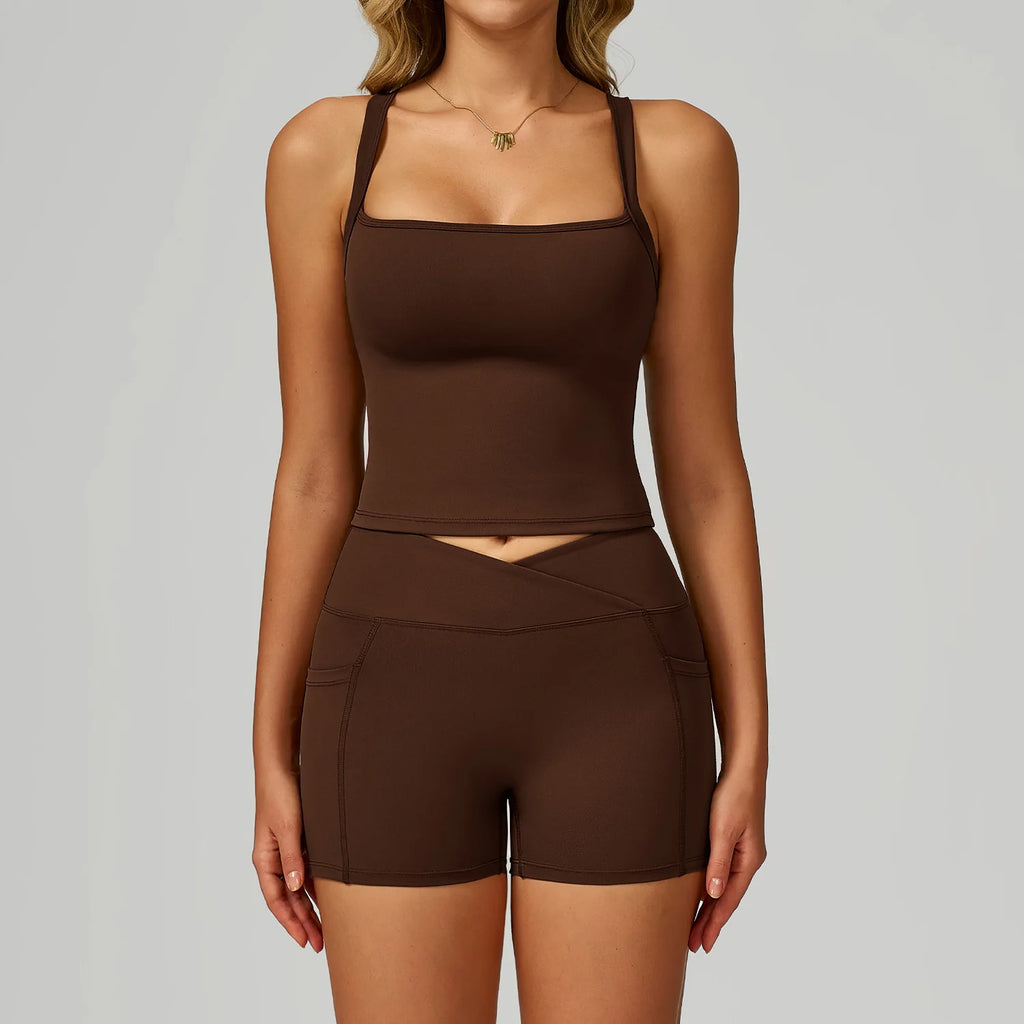 Black Coffee set: cropped tank with square neckline and matching shorts