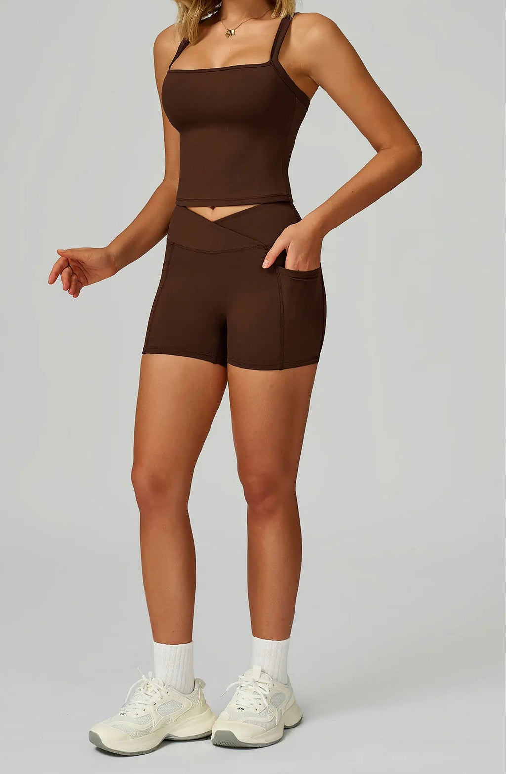 Brown Coffee set: cropped tank with spaghetti straps and matching shorts
