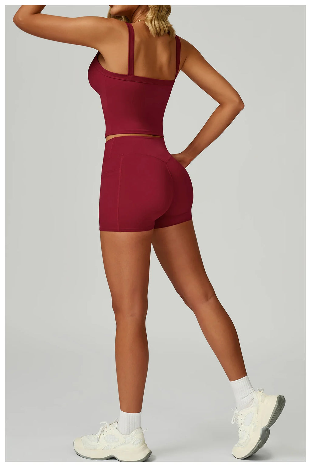 Wine Red set, side view: tank top with cutout waist and matching high-rise shorts