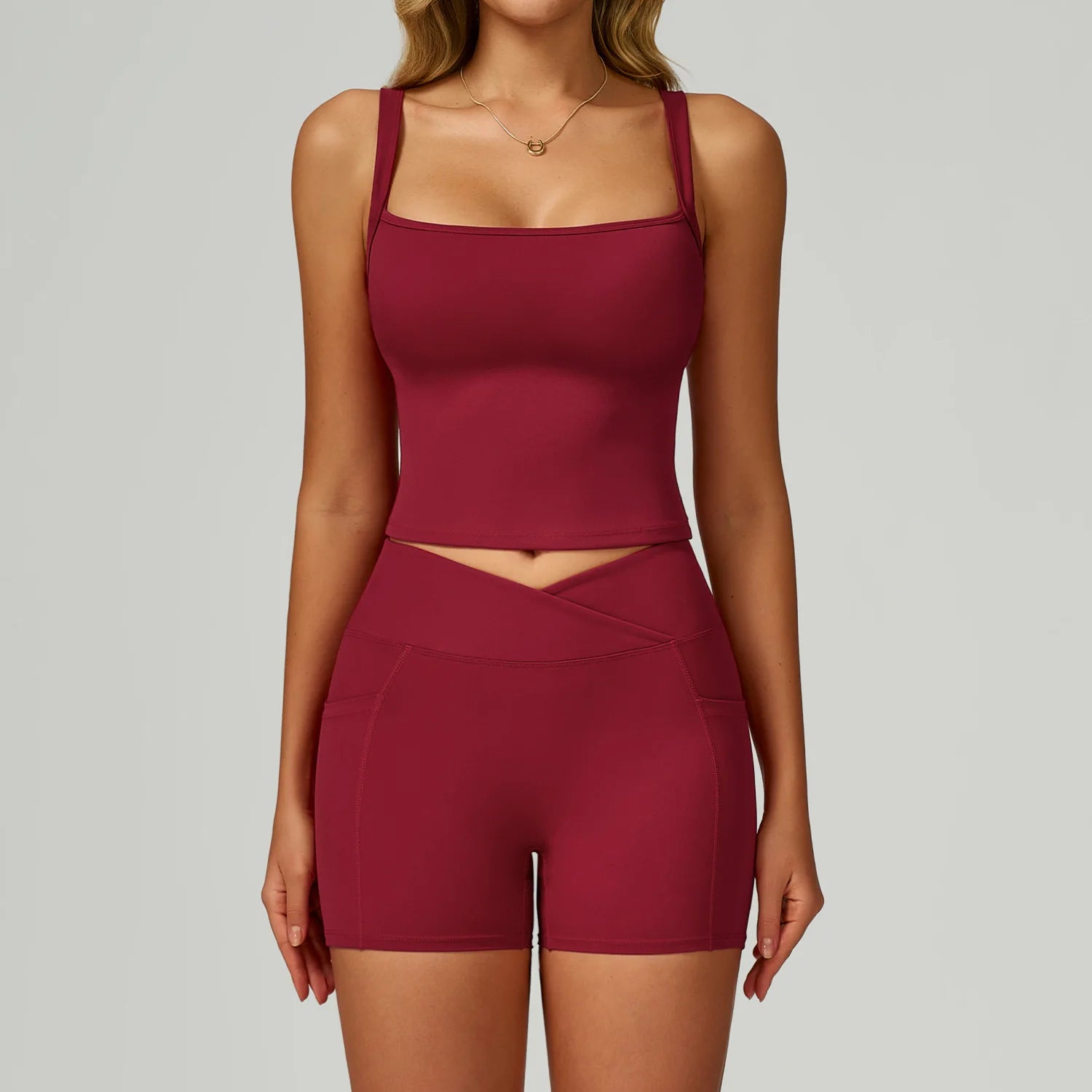Wine red spaghetti strap tank top with matching shorts, active set