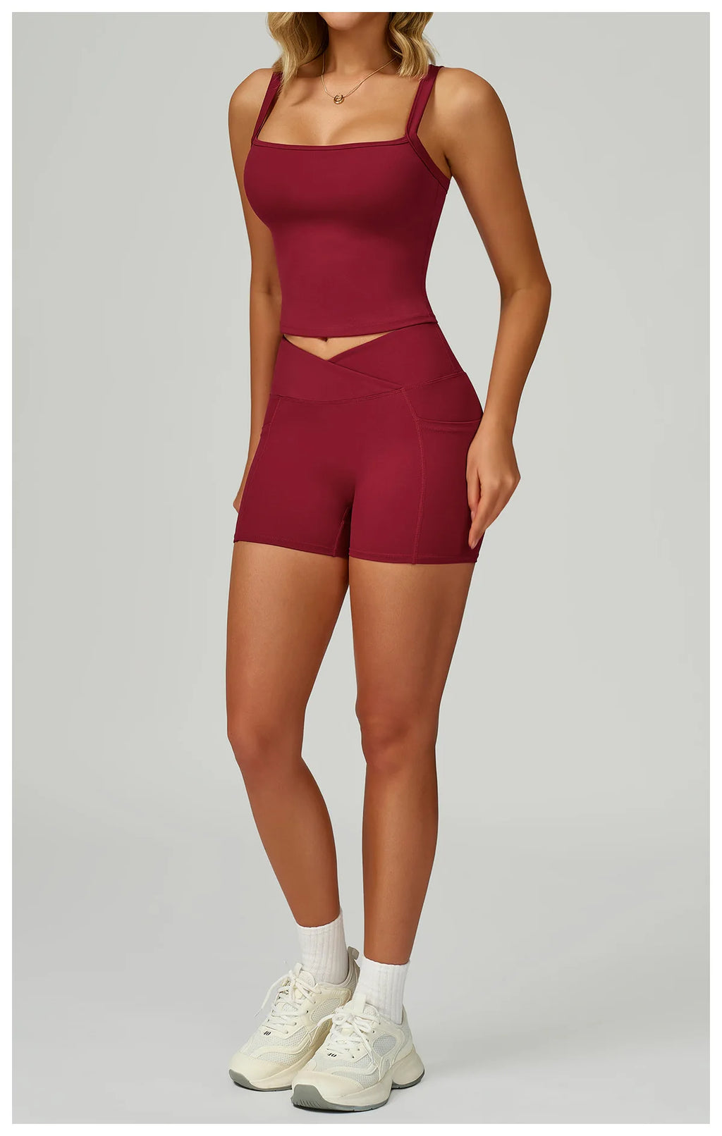 Wine Red matching set on model: spaghetti-strap tank and high-rise shorts
