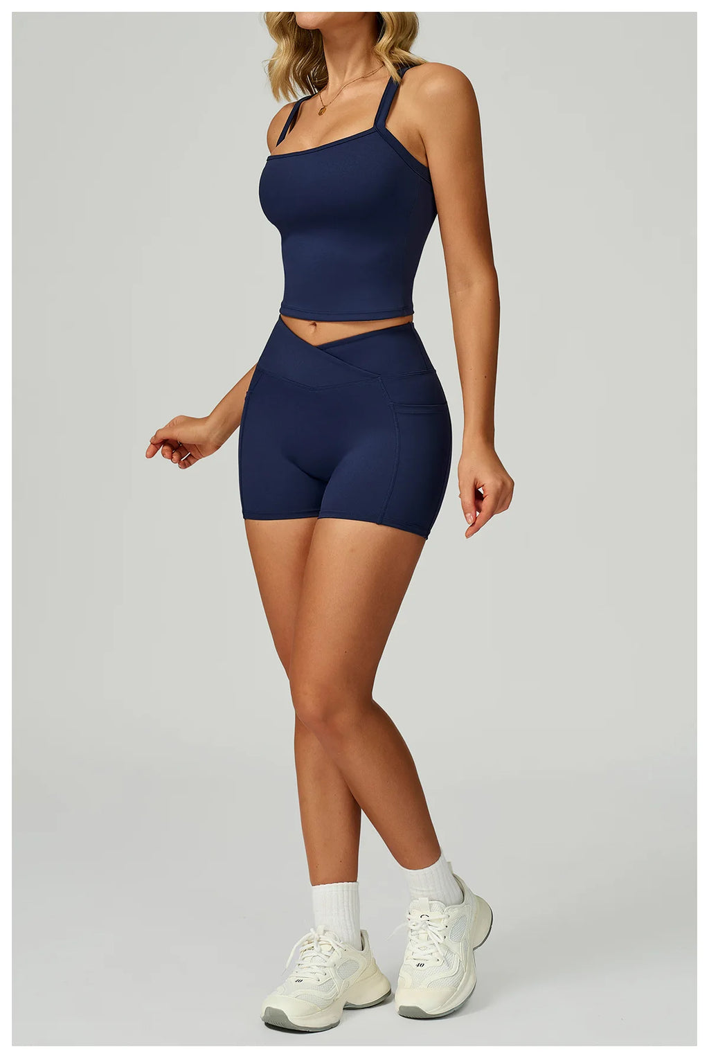 Flow State set: navy spaghetti-strap tank and matching high-waist shorts
