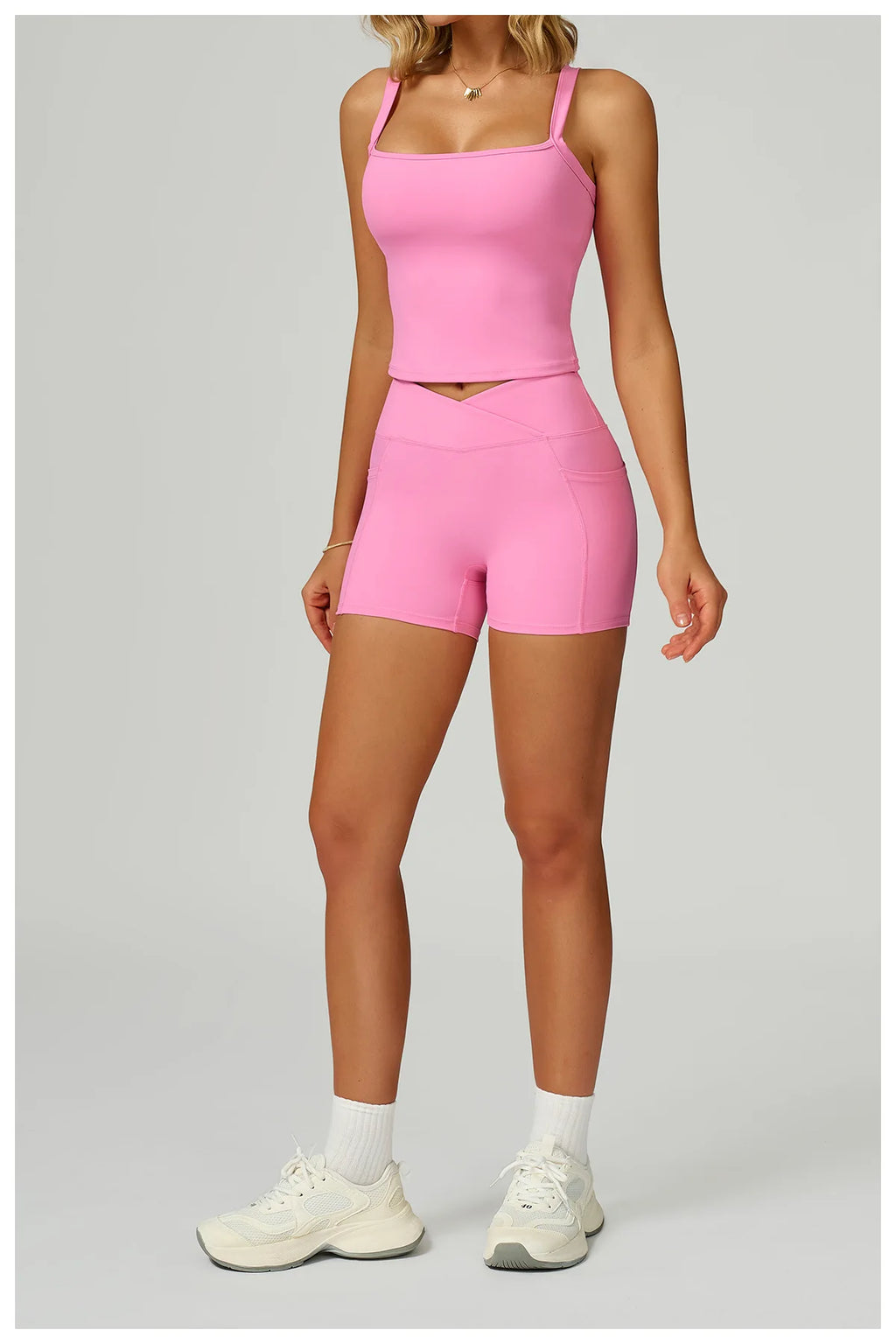 Pink Flow State set: spaghetti-strap tank top with matching high-waist shorts