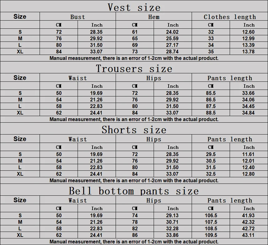 Women's sports set size chart: bust, waist, hip and length measurements
