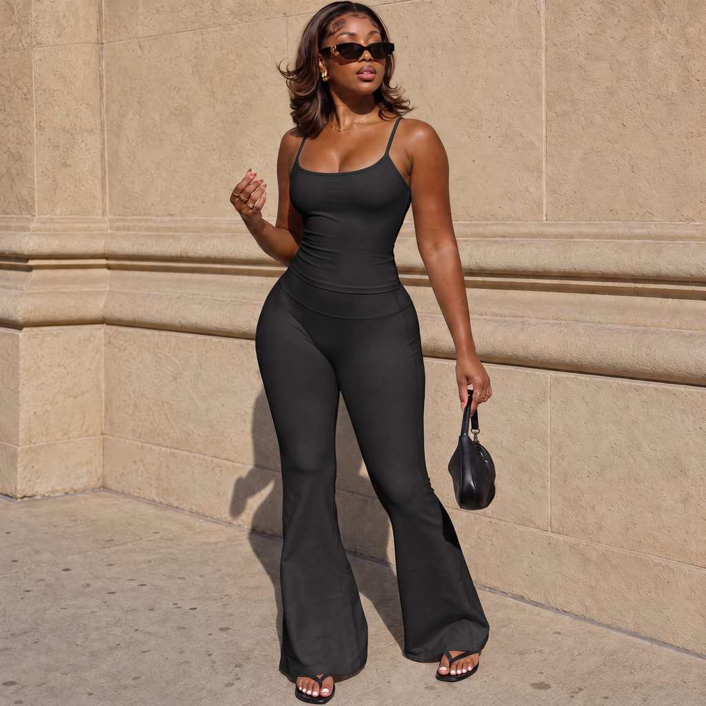 Black spaghetti strap tank and flared high-waisted pants matching set