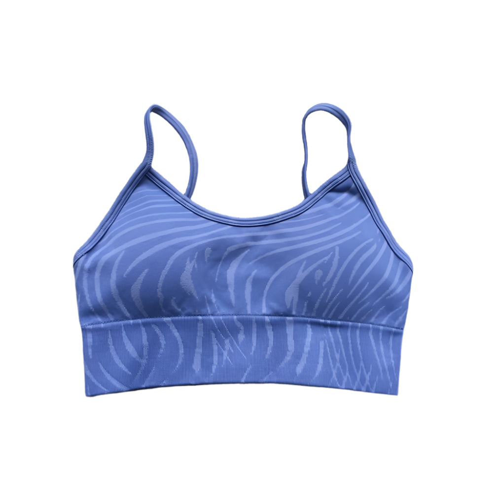 Blue tiger striped workout set sports bra with adjustable straps for comfort and style