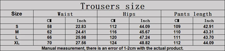 Size chart for trousers, waist and hips measurements, pants length